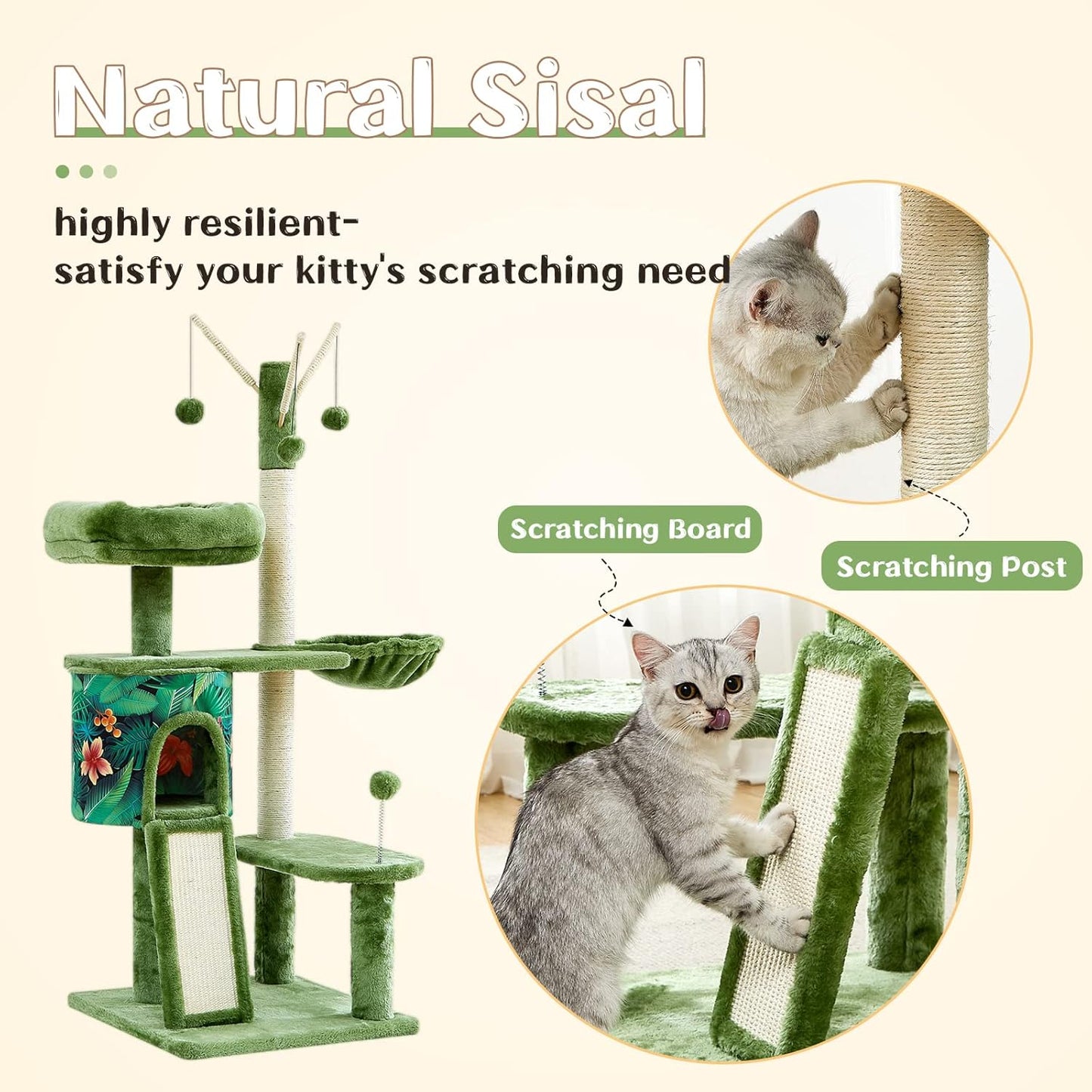 Cat Tree 53" Multi-Level Cat Tower Cat Condo for Indoor Cats, with Plush Perches, Sisal-Covered Scratching Posts, Cat Basket, Pet Play House(Green)