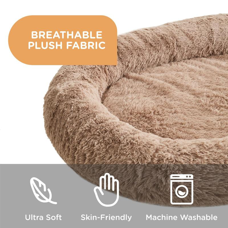 Human Dog Bed, Dog Bed for Humans, Giant Dog Bed with Washable Fluffy Faux Fur Cover, 72"X48"X11" Human Size Dog Bed with Soft Blanket, Large Dog Bean Bag Bed for Families, Beige