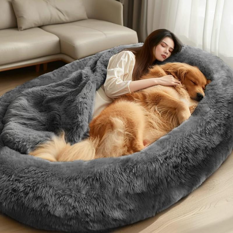 Human Dog Bed, Dog Bed for Humans, Giant Dog Bed with Washable Fluffy Faux Fur Cover, 72"X48"X11" Human Size Dog Bed with Soft Blanket, Large Dog Bean Bag Bed for Families, Beige