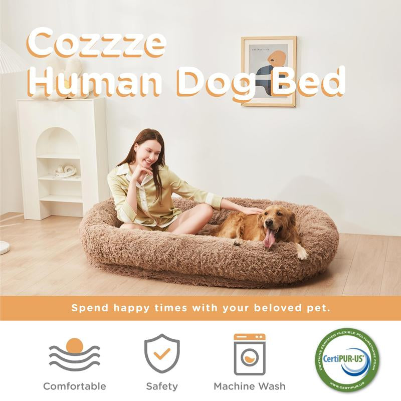 Human Dog Bed, Dog Bed for Humans, Giant Dog Bed with Washable Fluffy Faux Fur Cover, 72"X48"X11" Human Size Dog Bed with Soft Blanket, Large Dog Bean Bag Bed for Families, Beige