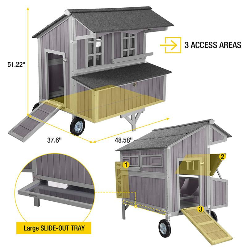 Aivituvin-Air96 Extra-Large Chicken Coop with Big Wheels for 6-8 Chickens