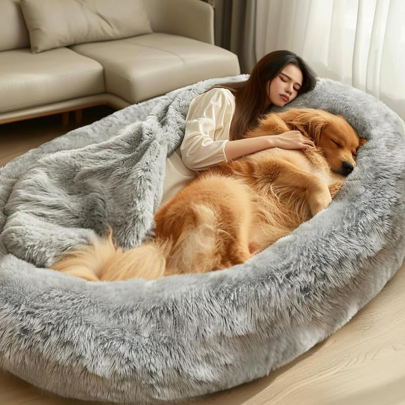 Human Dog Bed, Dog Bed for Humans, Giant Dog Bed with Washable Fluffy Faux Fur Cover, 72"X48"X11" Human Size Dog Bed with Soft Blanket, Large Dog Bean Bag Bed for Families, Beige