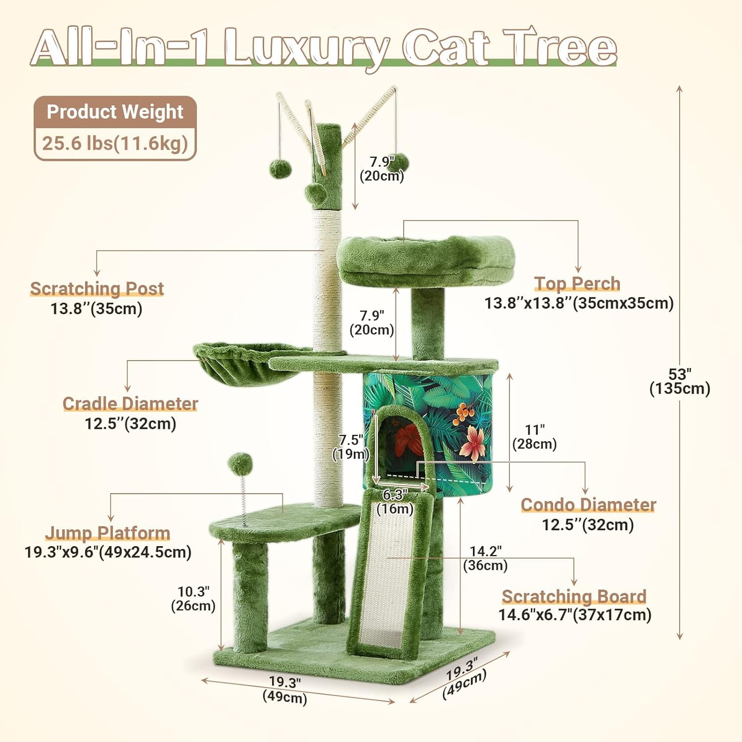 Cat Tree 53" Multi-Level Cat Tower Cat Condo for Indoor Cats, with Plush Perches, Sisal-Covered Scratching Posts, Cat Basket, Pet Play House(Green)